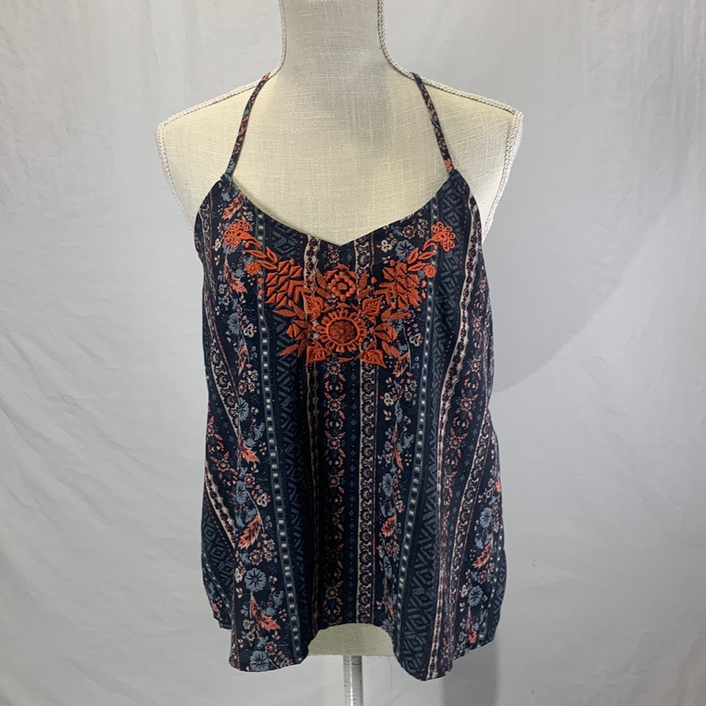 Hollister Criss Cross Navy Blue Embroidered Cami Tank Size Large
